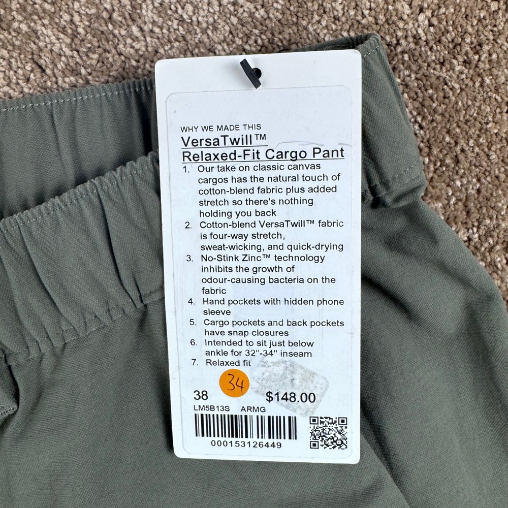 Lululemon VersaTwill Relaxed-Fit Cargo Pant Army Green Mens‎ 38 LM5B13S NEW $148 - Picture 8 of 13